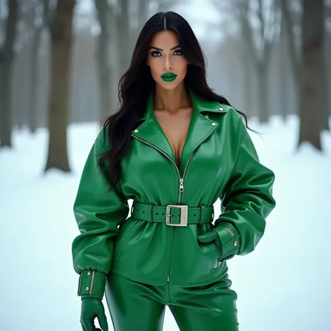 Kim Kardashian stands with green lipstick in a green leather jacket in green leather pants in green leather heels in green leather gloves against the winter background and smiles at her mouth 