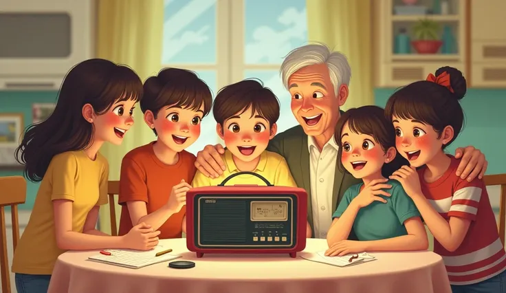  " Amar style image is from the 1970s , pastel background.  An old radio on the kitchen table ,  with a reunited family listening to music.  The s dance clumsily , while parents smile ."