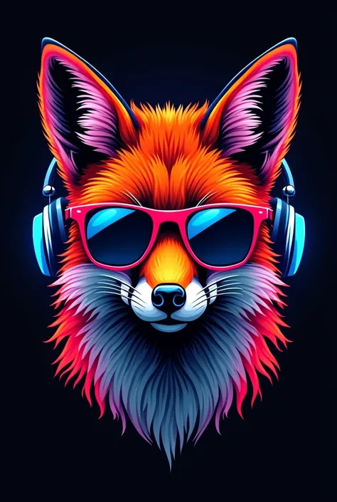 Create a neon-style illustration of a fox wearing sunglasses and headphones. Use bright colors like red, orange, blue, and pink for the lines. The design should look modern and sleek, with the foxs face detailed but simple. The background should be complet...