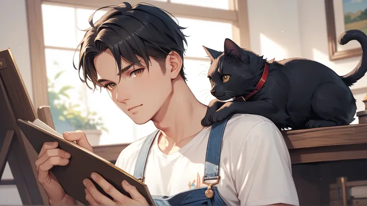 1 man, black hair, brown eyes, wearing white t-shirt and blue overalls, painter, holding a black cat with gold eyes,