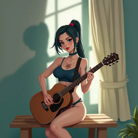  High Res Illustration , 8k, Intense Shadows,ในชุดเซ็กซี่ , กำลังมองตรงมายังท่านผู้ชม Overexposure Large breasts , araffe woman sitting on a bench กำลังPlay the guitar, สาวคนนี้เปิดขา, หน้าอกขนาดใหญ่หน้าอก 37 นิ้ว, กำลังเล่นกีต้าร์ไฟฟ้าราคาแพง, close up of...