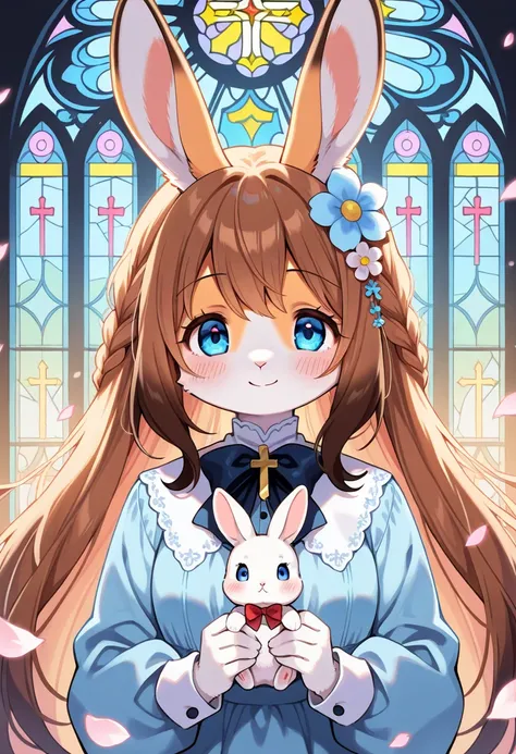 1girl, (furry, kemono:1.3), rabbit, rabbit girl, rabbit ears, blue eyes, long hair, hair flower, brown hair, braid, blush, very long hair, hair ornament, long sleeves, looking at viewer, flower, petals, bow, solo, holding, upper body, smile, cross, stained...