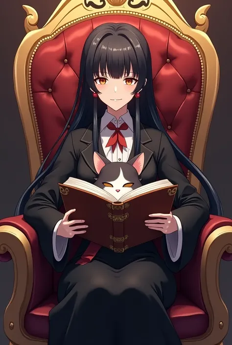 anime character sitting on a chair reading a book with a cats head on it, black - haired mage, albedo from the anime overlord, inspired by Okumura Masanobu, hestia, reading a book, sitting in a gilded throne, ayaka genshin impact, reading new book, albedo ...