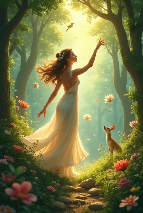 a young goddess playing in the forest full of flowers and animals with beautiful and colorful scenery 