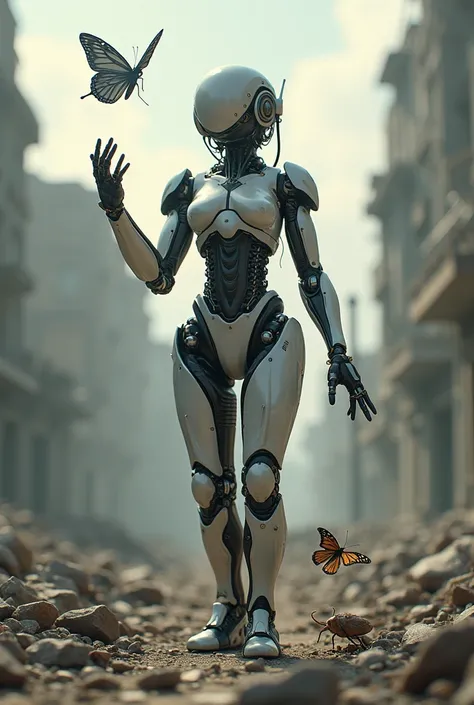 a half-robot half-human figure. at one hand he freed a butterfly and a cockroach at the same time and the other hand is lost in war devastated but free of fascism