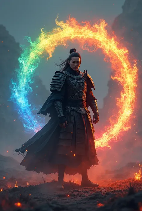 Realistic, Ultra HD 8K, laki laki, Samurai, rainbow fire circle, Cool, clothes identical to darkness 