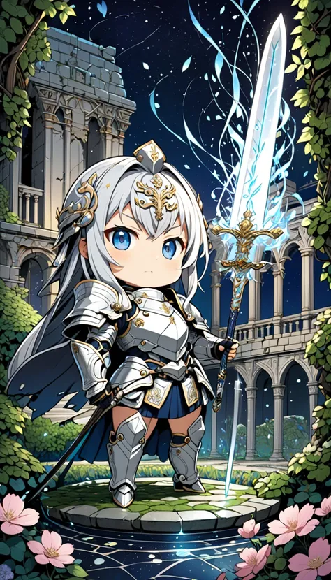 A deformed character of Knight Virgo, in the Japanese anime character style, chibi style. Clad in gleaming silver armor adorned with floral engravings, the character wields a shining sword and shield. They stand in a graceful but fierce combat stance, radi...