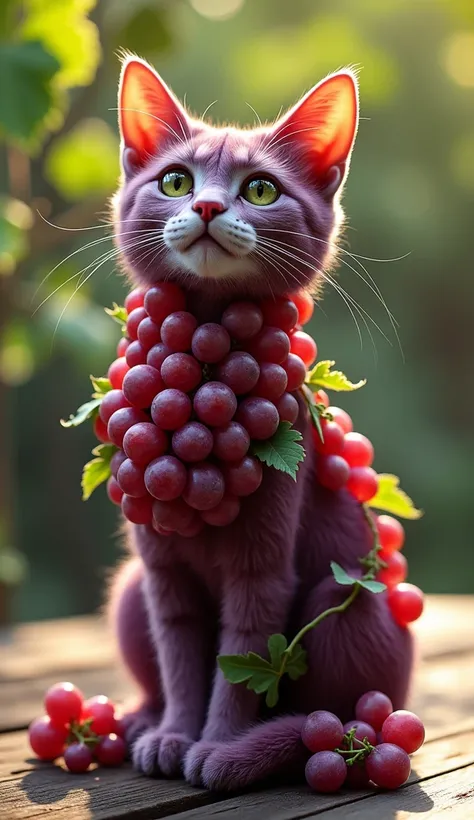 "The same cat from the first prompt, but now fully transformed into a grape-like hybrid. The cat’s body is made of clusters of shiny, plump grapes instead of fur. Its head resembles a large bunch of grapes, and its body has a glossy, juicy texture. The cat...