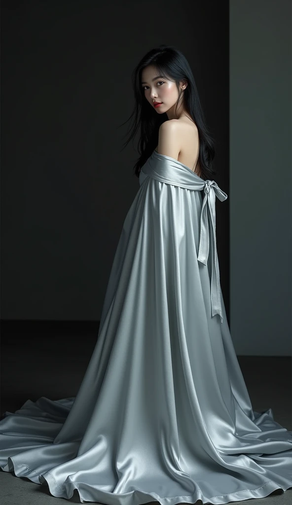 A Korean female star with long black hair and an ankle-length silver satin cloak tied around her neck, naked