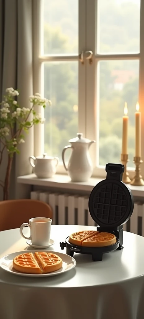 there is a window in the background, there is a white table in front, on which there is an electric waffle iron, a cup of tea, a teapot and candles, retro style, real photography, high quality