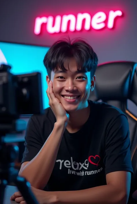 real photo. young man Indonesian face. second hand on cheek smiling. looking at the camera. wearing a black  t-shirt text "RELAX LIVE WITH RUNNER" in front of a camera and tripod as if you were live streaming in a professional studio with a gaming chair. t...