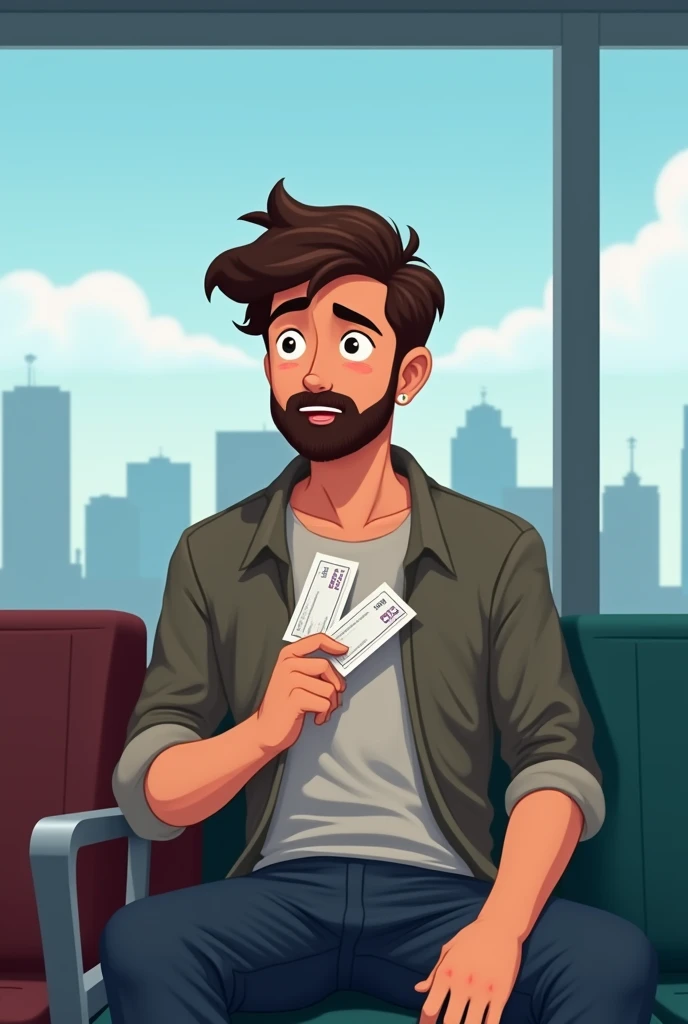 a young man (27 years) sitting at the airport .  In his hand he is holding two plane tickets .  He is a bit excited and has dark brown hair and dark brown eyes. He has a longer beard . The picture is animated .  His dream comes true. 