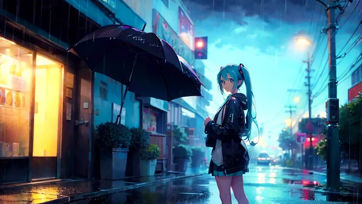 Hatsune Miku with long straight blue hair,Standing on a rainy street corner with an umbrella, looking over here ,rain