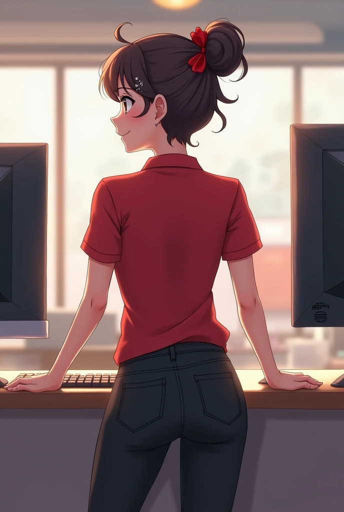 Young anime woman standing in a store behind a computer table, with short brunette curly hair with 2 small red bow hairpins on back, wearing red skinny polo shirt with short sleeves and black skinny jeans, wearing black sneakers, looking with smile, view f...