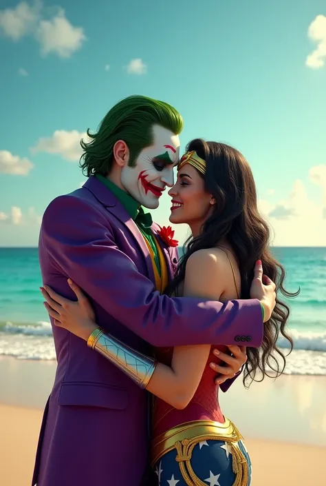 Joker and wonder woman hugged in the beach 