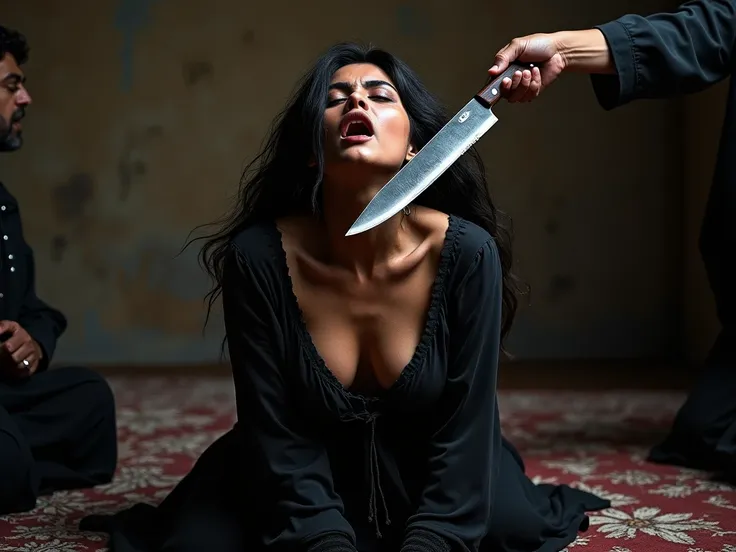 A pakistani woman tied down on the floor with hair grabbed and throat stretched out for sacrifice ,Butcher holding Large knife on one of the womans stretched out Throat, Zabah, Black traditional shirt buttons open of all 3 women and hands tied behind their...