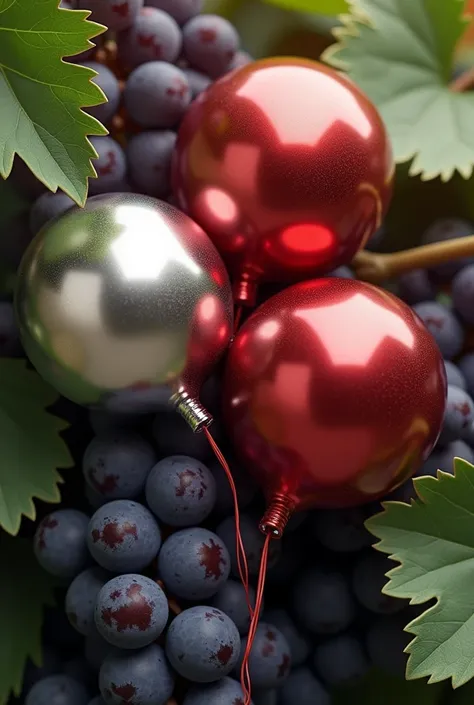 Silver and red round balloons are next to each other in a bunch of grapes.