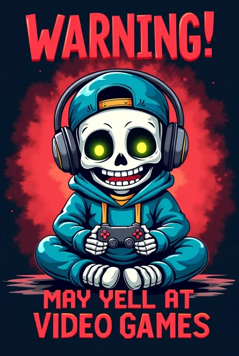 Create a bold and humorous illustration featuring a cute and funny-looking skeleton with a playful smile, wearing a blue hoodie, a backward cap, and oversized headphones. The skeleton should have a rounded, cartoonish design for a softer, more approachable...