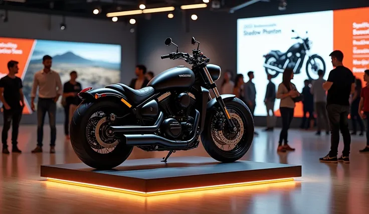 "Generate a detailed image of a 2025 Honda Shadow Phantom displayed in a high-end motorcycle exhibition hall. The bike should be positioned on a sleek pedestal with a glowing base, highlighting its matte black body, modern curves, and retro-styled design. ...