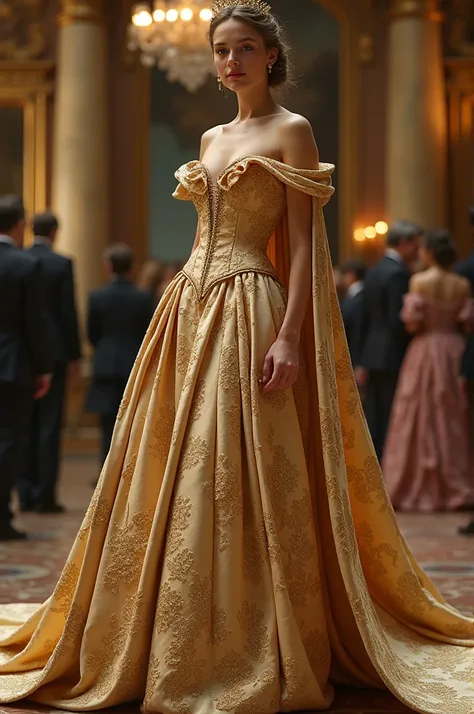 a corset-like top gold off-shoulder ball gown with cape