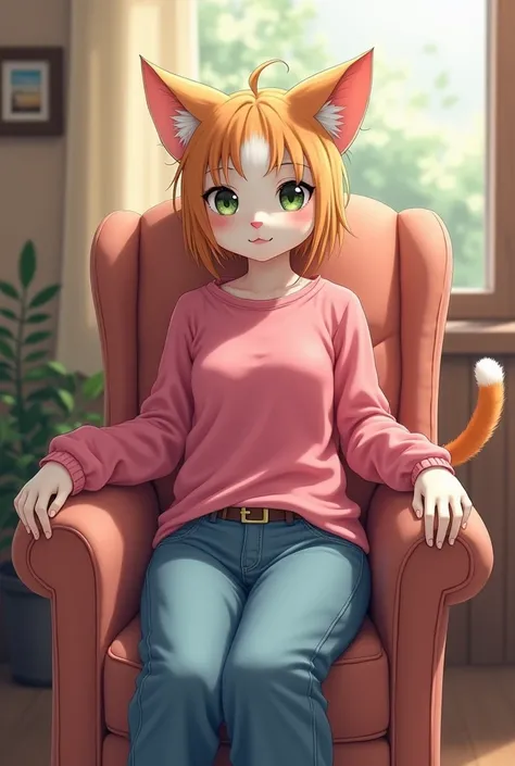 Cat girl with pink shirt and blue pants in the chair