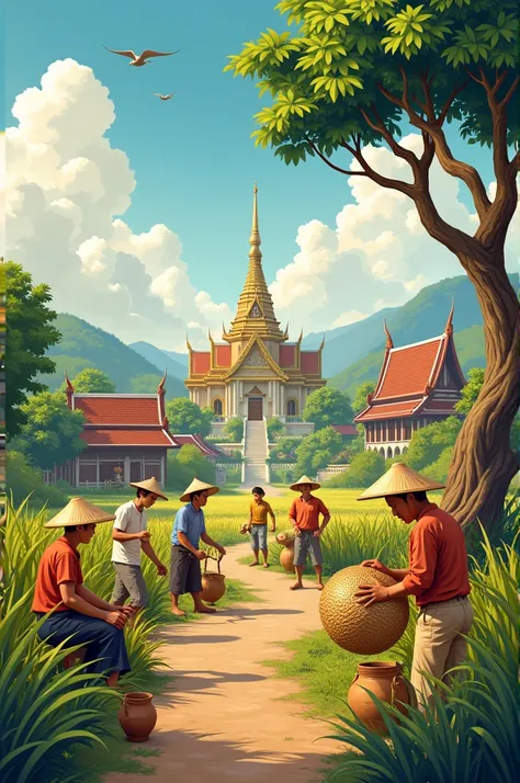 Above is a picture of the Thai flag, a Thai temple, a Thai house, a basket weaver, a silk-weaver, a potter, a rice harvester, a sower, a tree. 