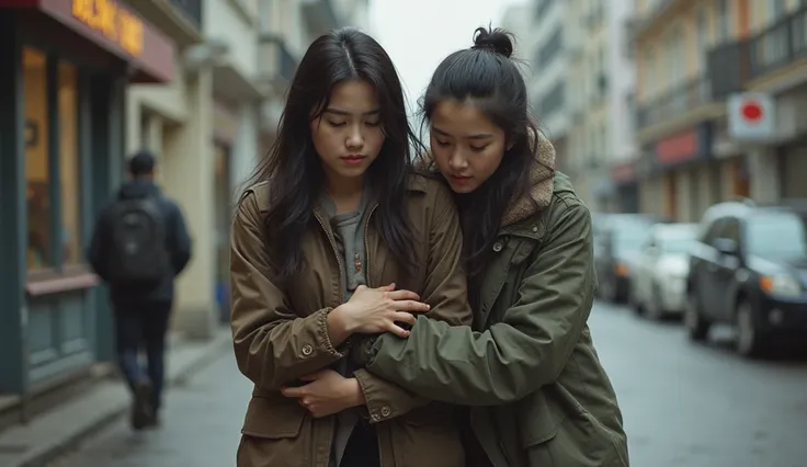 SICK YOUNG WOMAN ABLE TO WALK WITH THE HELP OF HER FRIEND