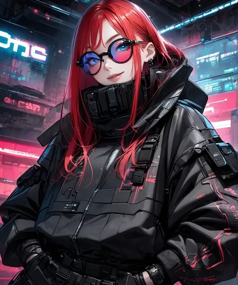  Women with long red hair wearing circular red glasses, Sitting on a Shelf Wearing a Black Jacket and Pants,  cyberpunk streetwear , wearing  cyberpunk streetwear ,  Photos of Women Wearing Tech Wear , Space tech wear  ,  Full Body Black Cyberpunk Style Ou...