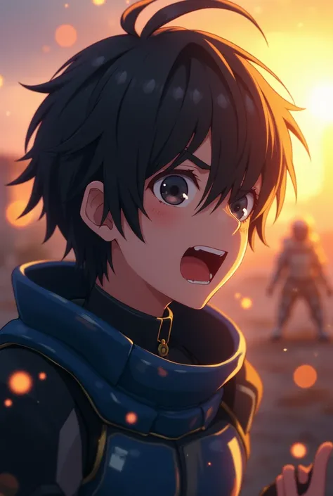 Anime boy, with black hair reaching shoulder level, black eyes, wearing an eyepatch over his right eye, navy-blue futuristic armour, holding his head, dilated pupils, yelling in despair, battlefield background mesmerizing close-up portrait of a gorgeous li...