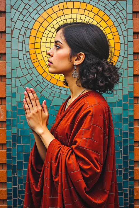 I want a vertical image of the girl praying, just from the body to the head. With 3D tile mosaic effect