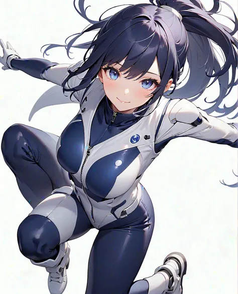 (​masterpiece、 top quality、 highest resolution、Clear image、 detailed images、 The angle is from above ): (solo、Lonely Girl、Japanese Face、 high knot ponytail、Dark blue hair girl、Sparkling Blue Eyes、( white and navy blue pilot suit with an enamel finish、 whit...