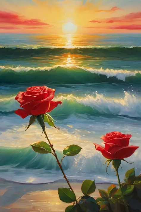 An oil painting，sunrise，Ocean，horizon，peaceful，transparent cubes，Red Rose，story