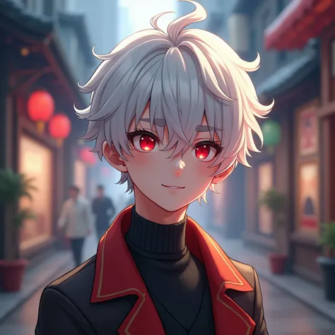  charming. A man in his early 20s with white hair and red eyes . There are slight curls on the bangs in 5v5 Garma. 2.5D