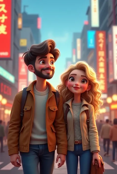 a young man (27 years) ends up in Tokyo .  He has dark brown hair and brown eyes .  He has a beard .  His blonde girlfriend with curls stands next to him.  the two are in love . The picture is animated . 