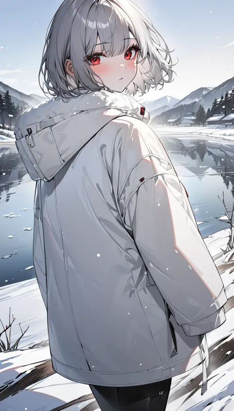  top quality 　masterpiece　 high resolution　masterpiece　 gray short hair　　 red eyes　Blunt Cut Korean Countryside, Beautiful winter lake , Warm clothes ,  Looking at the lake with the snow shining.