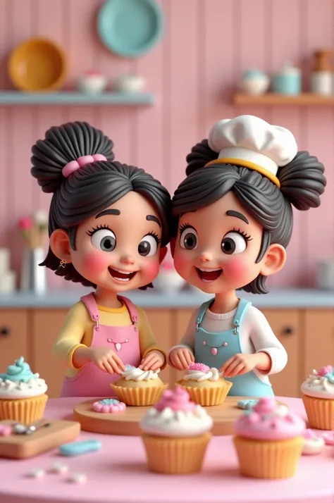 Logo with the name Aranza and Zoé making cupcakes in pastel colors in 3D 