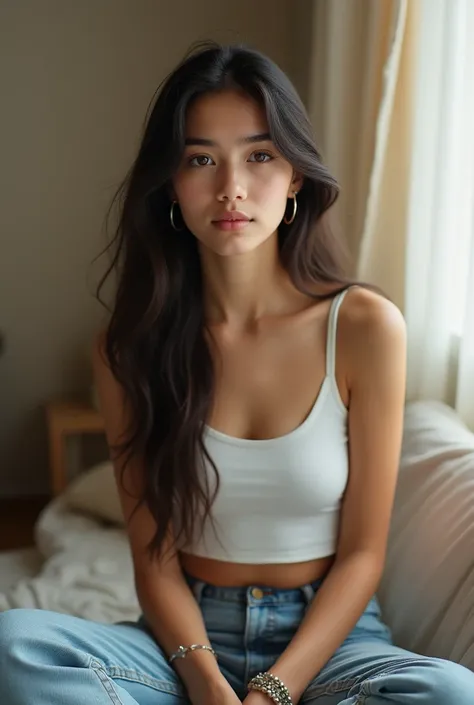  boysh girl, 16yo , cute,  Soft and Feminine  , Iranian Characteristics , skinny,  long hair,  White Sleeveless Crop Top ,  Light Blue Jeans ,  Silver Hoop Earrings ,  Bracelets , Comfortable Position ,  sitting, Look down a little,  Мягкая кожа, Indoor lo...