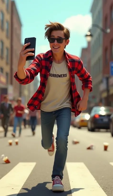  Create a semi-realistic 3D animated character image of a young man running frantically in the middle of the street.  This young man holds a smartphone with one hand at a typical oblique angle of a selfie ,  displays a smile forced as panic .  His hair is ...