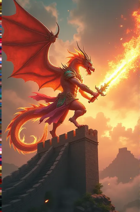 Imagine a celestial dragon transformed into a warrior with radiant jade and crimson scales, wearing ornate dragon-emperor armor. The dragon wields a blazing sword of fire and water, hovering over the Great Wall glowing with ancient runes. The sky is ablaze...