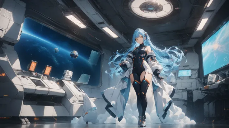 Long view shot of a mysterious anime full body girl with chin-length blue hair and glowing amber eyes, dressed in a dark, black and silver space suit with reflective shoulder. She stands with her hands placed behind her back, gazing intently at the viewer....