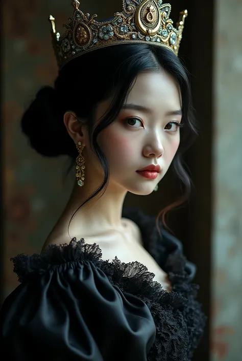 beautiful girl with black hair,princess crown,black dress,communist princess,detailed face,beautiful eyes,shiny skin,ornate crown,dramatic lighting,muted colors,cinematic angle,intricate dress,haunting expression,moody atmosphere,photorealistic,8k,high qua...