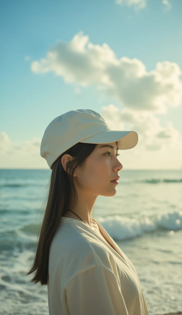 A serene shot of the woman gazing toward the horizon, the ocean waves in the distance and the bright morning sky framing her peaceful expression.
, sfw