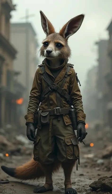 An anthropomorphic female kangaroo dressed as a guerrilla, with dirty clothes, has a sad expression, in the background a war is taking place in a city