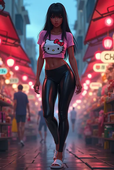 Black woman from anime.  Long straight hair with fringe on the forehead . beautiful and defined body.  black legging pants, tight and tight .  Extremely large and perky butt . hello kitty shirt. white slipper on feet.  The atmosphere takes place at a very ...