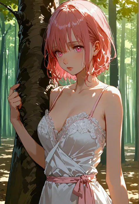 Girl with short light red hair and light pink eyes undressing under a tree in a forest in anime style 