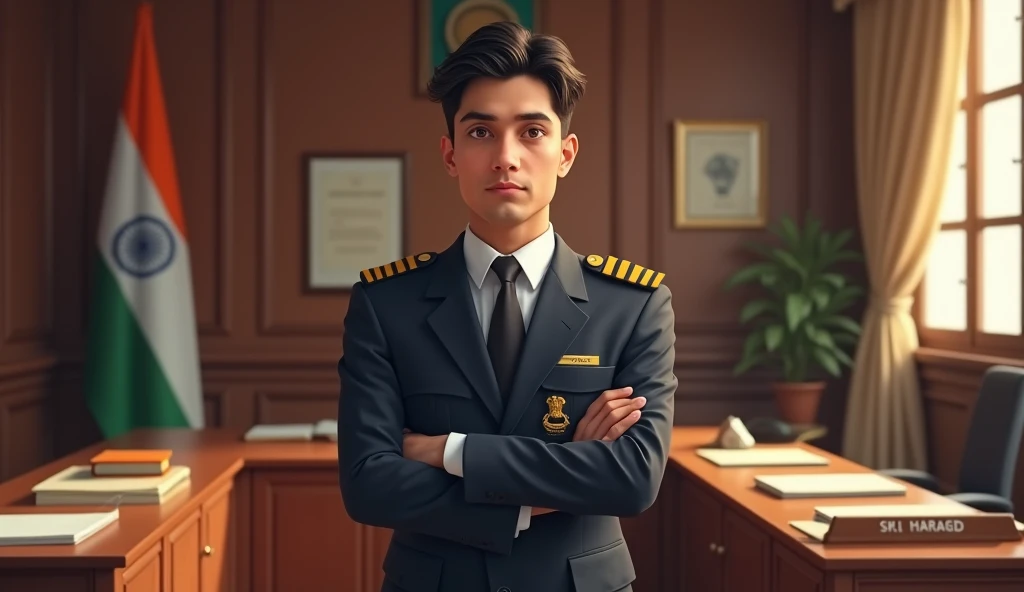 A realistic digital painting of a young IAS officer in formal attire, standing confidently in a professional government office environment. The room is equipped with wooden furniture, official files on a desk, the Indian national flag in the background, an...