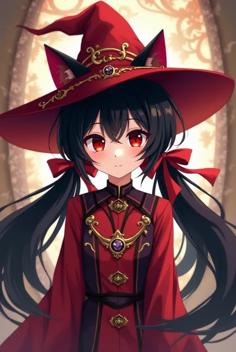 Puella Magi: Very Long Hair,  twin tails,  black hair,  red eyes, ribbon, Cat ears,  witch hat ,  , Vertical Roll, 複数の ,  inner color , Character portrait, Setting diagram, 