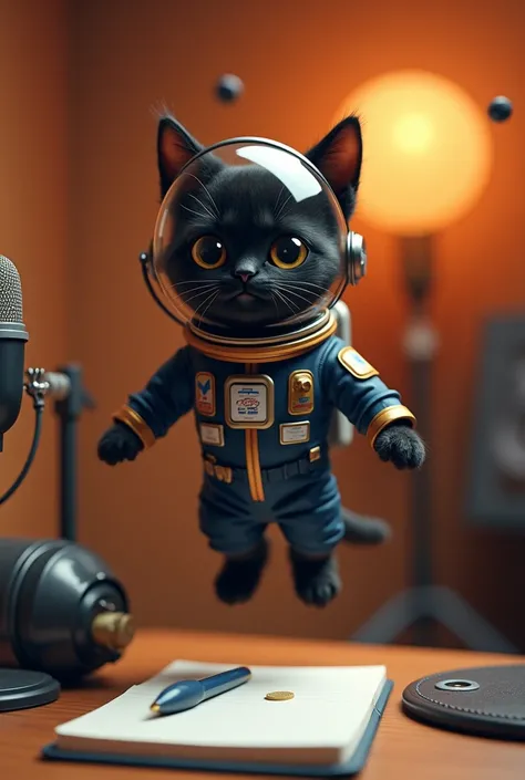 A black cat astronauts in a podcast studio in front of a microphone 