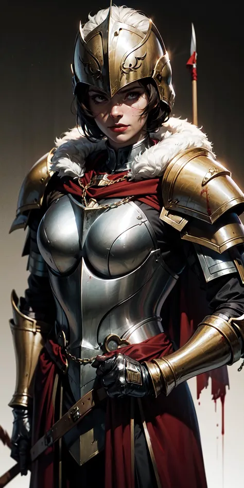 1solo, 1girl, red cape, armor, fur trim, blood, chain, holding polearm, chain, helmet, helm, shoulder armor, polearm, gauntlets, pauldrons, breastplate, red cape, faulds, knight, full armor, blood on polearm, gold armor, plume. 
(white background, gradient...