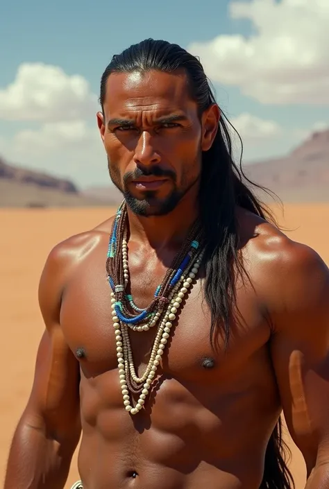 A portrait of a stocky man with tan skin, sharp cheekbones, and long black hair tied back. He wears traditional beadwork jewelry, with a softly blurred desert plateau in the background.